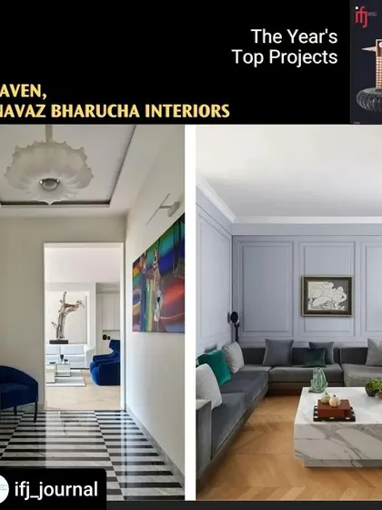 Another view of 'The Haven' project. The hallway with its bold black-and-white striped floor leads into the main living area, creating a dramatic entrance. This contrast between classic and modern elements is a hallmark of the home's design.