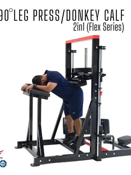 A user demonstrates the donkey calf raise on our 2-in-1 Flex Series machine, targeting the gastrocnemius muscle.