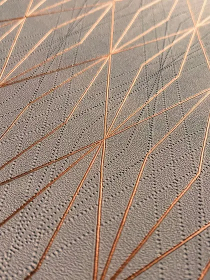 This metallic geometric wallpaper features intersecting copper lines on a textured grey base. The subtle shine of the metallic detail catches the light, adding a touch of glamour and modern sophistication.