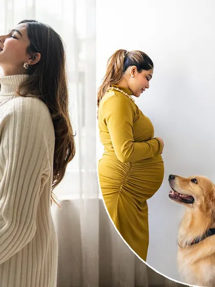 A stylish collage from a maternity shoot, showing the mom-to-be in different outfits, with her golden retriever looking up at her lovingly.