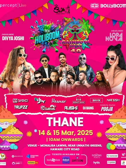 The poster for Holiboom "Rainbow Haze 4.0" in Thane. Our multi-day events feature an extensive lineup of artists to provide continuous entertainment.