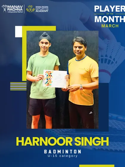 Harnoor Singh, our Badminton Player of the Month for March (U-15). His commitment to improving his game every day is what we celebrate.