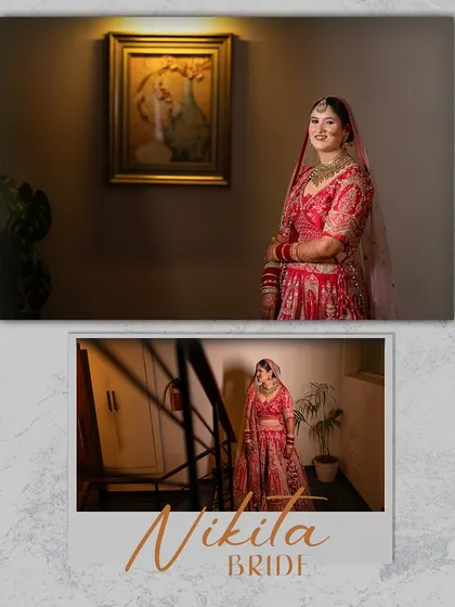 A collage showcasing the bride, Nikita, in her beautiful red lehenga. A mix of full-length and close-up shots to capture her complete look.