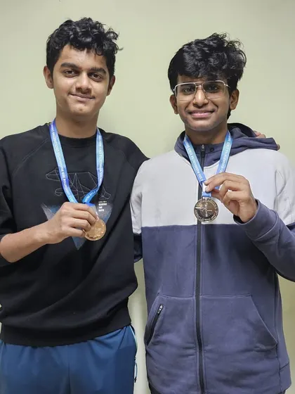 Our athletes Vedant Patil and Parth Mane with their medals from the Maharashtra State Shooting Championships.