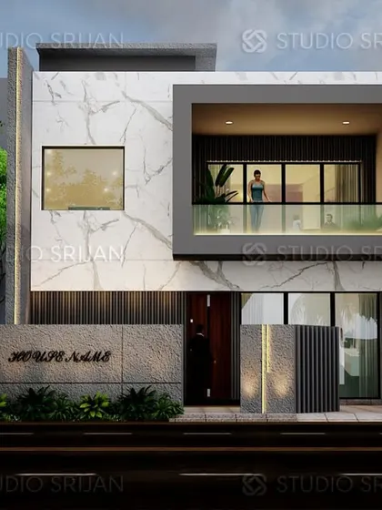 This design for a 237 sq. yard plot in Noida features a prominent framed balcony and a mix of marble-finish and grey textures, creating a sophisticated and modern front elevation.