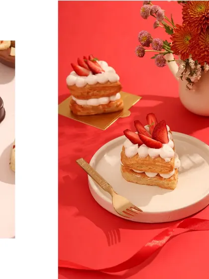 This composition uses a split-screen effect to highlight both individual heart-shaped chocolates and beautifully plated strawberry pastries. The red and white color scheme creates a romantic and cohesive look.