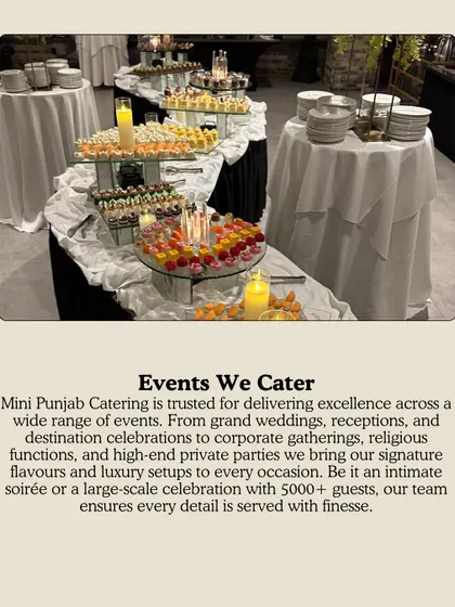 This graphic summarizes the wide range of events I cater, from grand weddings and religious functions to corporate gatherings. My team ensures every detail is served with finesse, whether for an intimate party or a large-scale celebration with 5000+ guests.