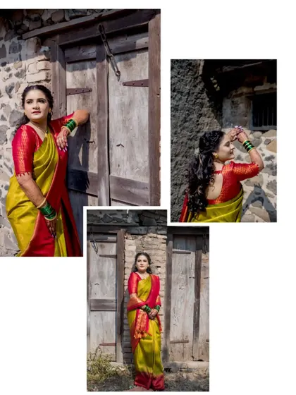 More portraits from the bride's rustic-themed shoot, showcasing different poses against a charming old wooden door.