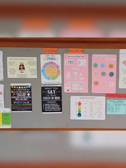 A wider view of the student wellbeing board, showcasing various resources on mental health and emotional regulation. I ensure students have access to confidential counseling and a space to connect and share.