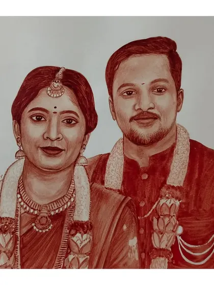 A wedding portrait of a couple, created using their blood. The painting includes details like the wedding garlands and traditional attire.