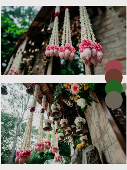 Hanging floral decor combining lotus buds with traditional temple bells. This detail adds both visual beauty and a gentle, pleasant sound to the event atmosphere.