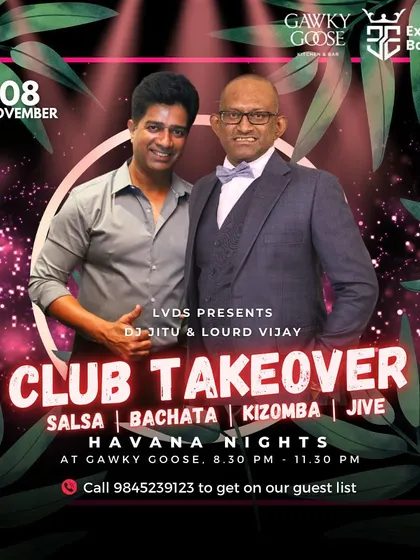 Our poster for a Club Takeover edition of Havana Nights at Gawky Goose, featuring a Pachanga workshop. We love collaborating with great venues.