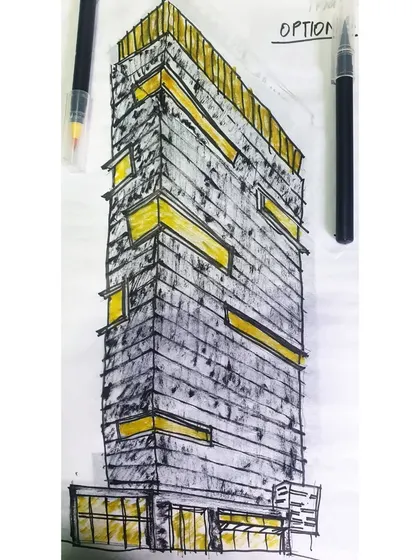 The initial concept sketch for the Kohinoor Ikon, a commercial tower in Navi Mumbai. Sketching allows us the flexibility to quickly explore facade options and massing before committing to a detailed 3D model.