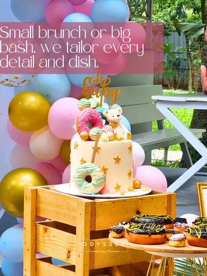 Small brunch or big bash, we tailor every detail and dish. This image of a beautiful baby shower cake and donut display shows how we bring heartwarming moments to life.
