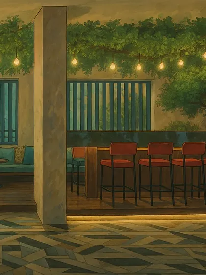 A wider view of the indoor lounge, showing the split-level design with a seating area and a bar. The overhead artificial canopy gives the feeling of sitting under a real tree.