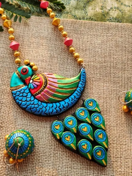 Another angle of the peacock necklace set, highlighting the matching jhumkas.