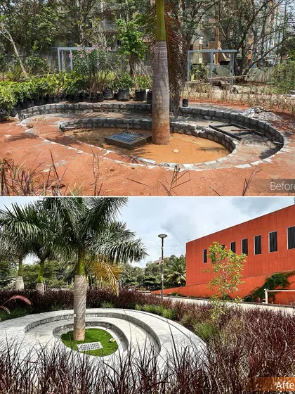 The transformation of a simple circular pit into a multi-level amphitheater-style seating area around a central tree. This showcases our ability to create diverse, interactive experiences within a corporate landscape, turning simple features into community hubs.