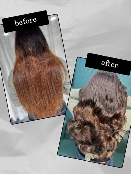 A clear before-and-after of a major color correction. This shows the journey from damaged, lightened hair to a deep, uniform, and glossy brown.