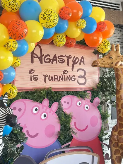 We love creating mashup themes for kids' parties. This 3rd birthday celebration brought together Peppa Pig, Mickey Mouse, and jungle animals for a fun-filled character party.