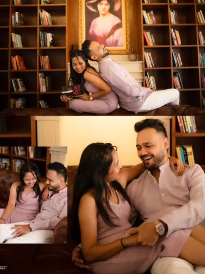 A collection of fun and candid moments from Nirav and Alpi's library shoot. Their playful interactions and genuine laughter on the leather couch show the joyful side of their love story.