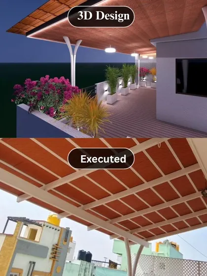 The view from below, comparing the 3D render of a Mangalore tile pergola with the final executed structure. Notice how the support pillars and tile layout match the design, ensuring a sturdy and beautiful finish.
