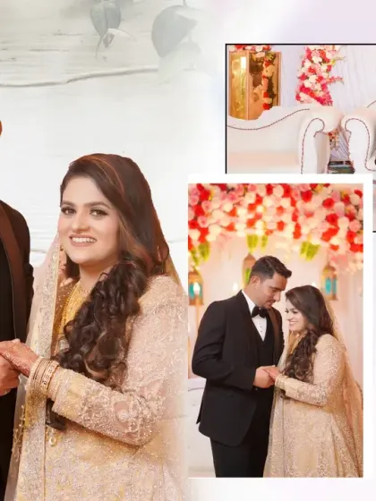 A sample wedding album page design for a reception. We combine key portraits and candid moments to tell the story of your celebration night in a visually appealing layout.