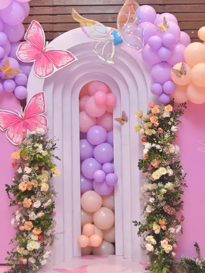 To add depth to this butterfly-themed backdrop, I created a 3D layered arch panel. It's filled with balloons in pastel shades and decorated with floral arrangements for a stunning effect.