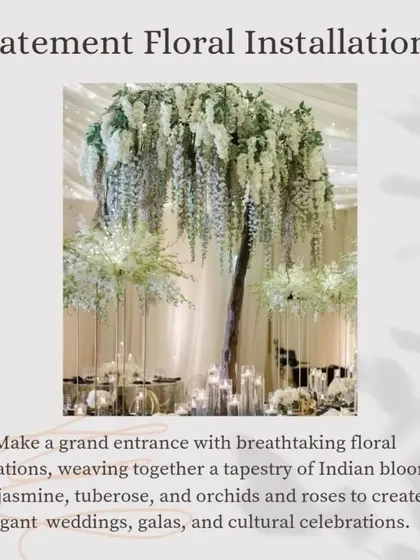 A "Statement Floral Installations" idea, this post suggests creating a breathtaking floral tree with jasmine, tuberose, and orchids for a truly grand wedding entrance.