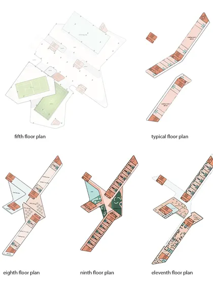 Floor plans for the hotel, showing the layout of rooms across various levels.