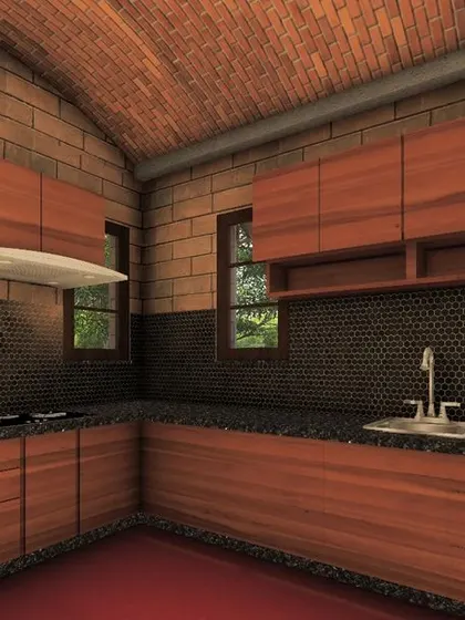 This kitchen render for the CSEB house features a vaulted brick ceiling and wooden cabinetry. The design proves that modern functionality and natural, rustic aesthetics can coexist beautifully in the most practical spaces of a home.