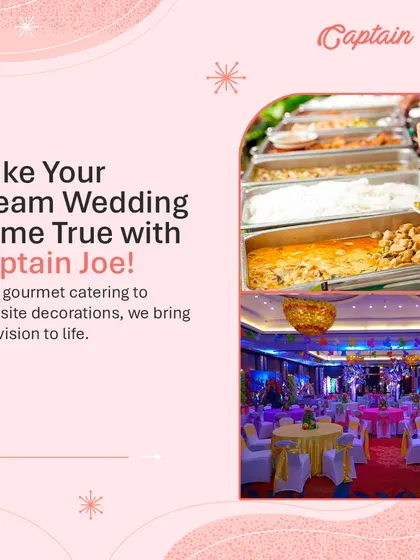 I help make your dream wedding come true by bringing your vision to life. This shows both a grand buffet spread and an elegant reception hall setup, illustrating how my services fit into your overall wedding plan.