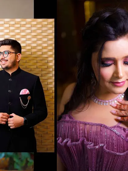 A split-frame look at the bride and groom from their Roka ceremony. This format highlights their individual preparations and looks before they come together as a couple.