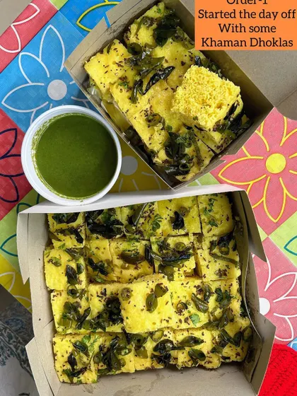 Starting the day with some fresh, fluffy Khaman Dhoklas, served with green chutney. A classic Gujarati breakfast or snack.