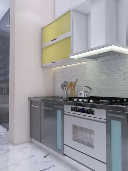 The kitchen design includes contrasting yellow upper cabinets and a white brick-patterned backsplash.