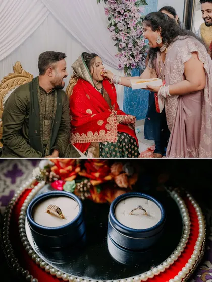 A collage showing the fun and tradition of an engagement ceremony. A relative feeds the couple sweets, and the rings are displayed on a decorative tray.