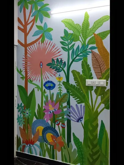 A detailed shot of the whimsical flowers and leaves in this custom mural. I love adding little pops of unexpected color.
