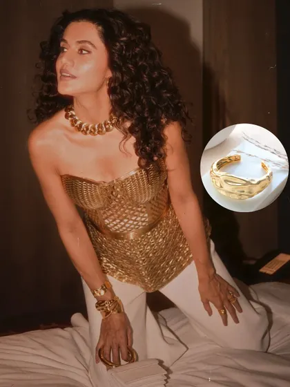 The powerhouse Taapsee Pannu looking like a golden goddess. She's wearing my Chunky Abstract Bangle, proving that bold gold is always a good idea.