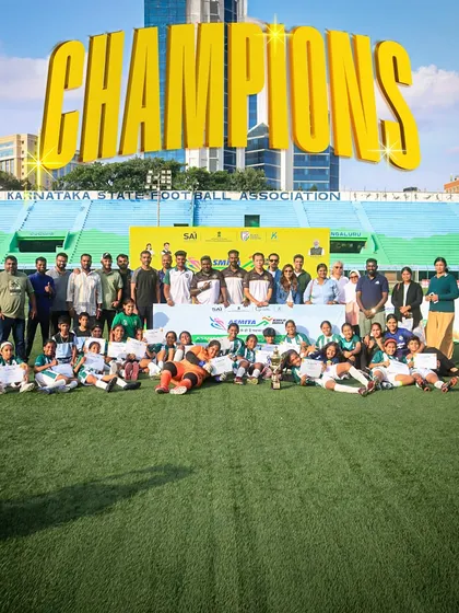 Champions are made here. This is our U13 girls' team, celebrating their historic first title, a proud moment that showcases our commitment to developing youth talent and women's football in India.