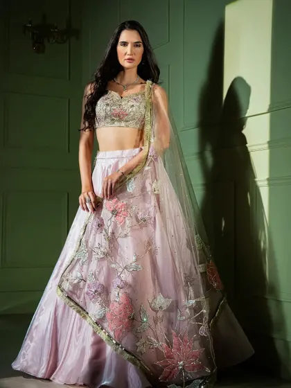 Soft, romantic, and exquisitely detailed. This pastel pink organza lehenga features delicate 3D floral and butterfly embroidery, perfect for a day wedding or engagement.