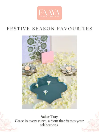 The Aakar Tray is another festive favorite, offering grace in every curve. Its traditional shape is perfect for framing your celebrations and serving treats with elegance.