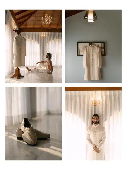 A creative collage of the groom getting ready, focusing on details like his sherwani and shoes, captured with artistic lighting.