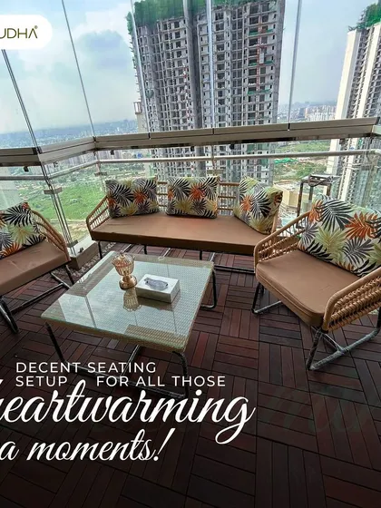 A decent seating setup for all those heartwarming tea moments. This spacious balcony features a full outdoor sofa set, perfect for hosting friends or enjoying family time.