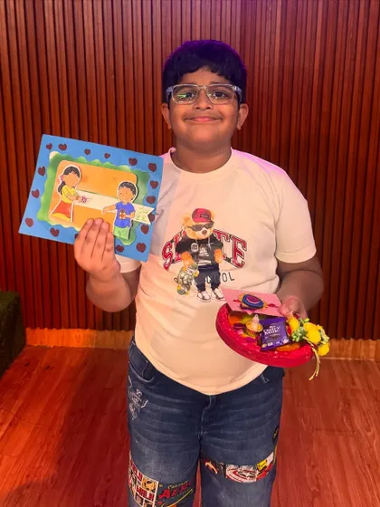 Ready to celebrate Rakhi with a personal touch. This young man made a heartfelt card and gift platter for his sister in our festive craft session.