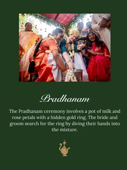 A graphic explaining the 'Pradhanam' ceremony, a fun ritual where the couple searches for a ring in a pot of milk. We love incorporating these playful traditions into the wedding.