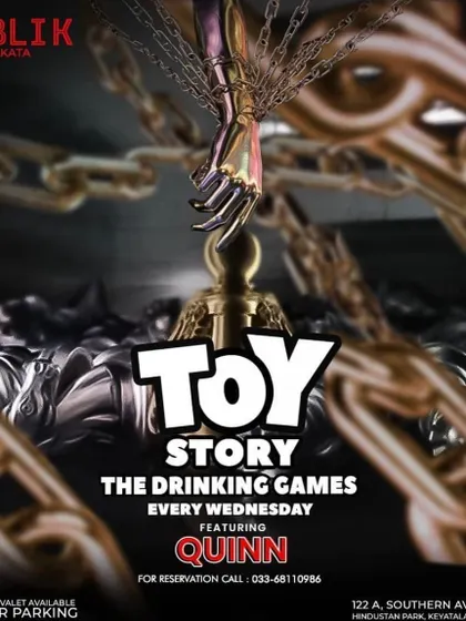 A poster for the "Toy Story" themed drinking games night, a creative weekly event I DJ'd for.