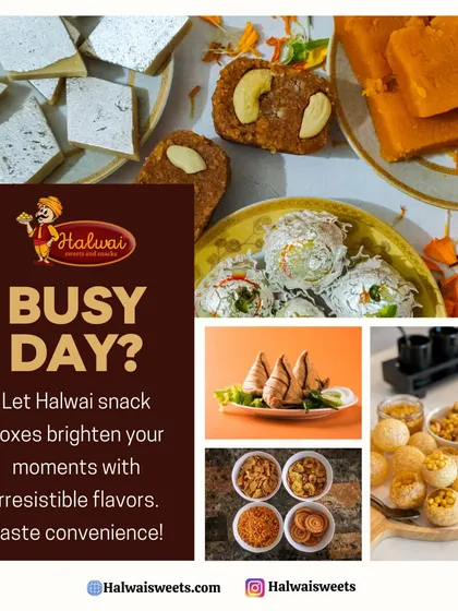Having a busy day? Let our snack boxes brighten your moments with irresistible flavors. This collage shows the variety we offer, from sweets like Kaju Katli to snacks like samosas and pani puri.