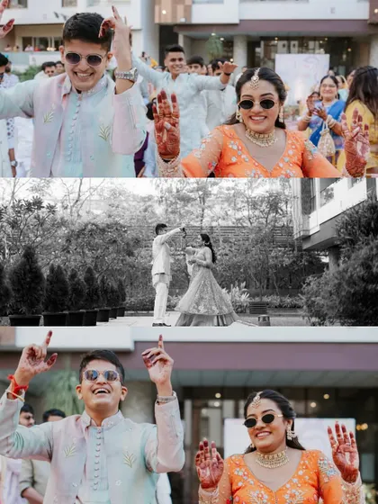 A fun collage capturing the couple's energetic dance moves and a romantic black and white moment, perfectly summarizing the joyful spirit of their Haldi.