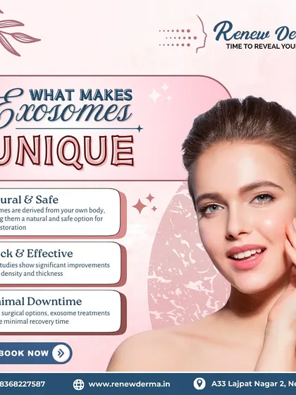 This graphic explains what makes Exosome therapy unique. Derived from your own body, it's a natural and safe option for skin and hair restoration that shows significant improvements with minimal downtime.
