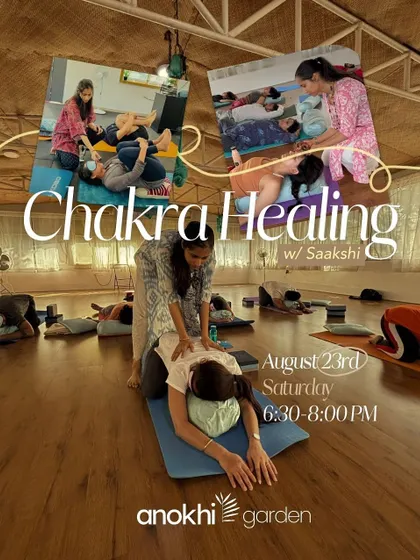 A collage from our Chakra Healing workshop, showing participants engaging in movement and receiving guidance to help balance their energy centers.