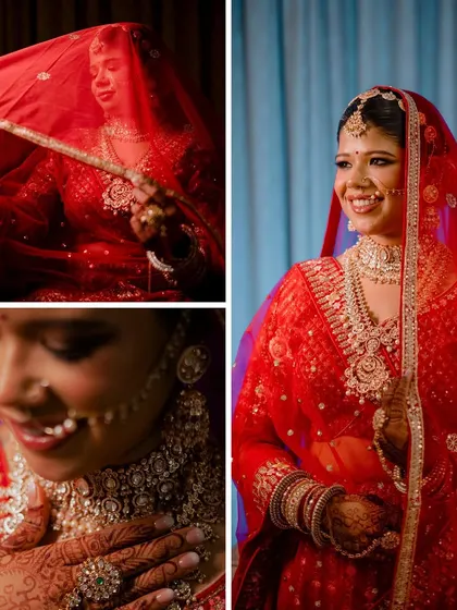 A collage of the bride's radiant getting ready portraits. Her happy smiles and the close-ups of her intricate red lehenga and jewelry showcase her bridal glow.